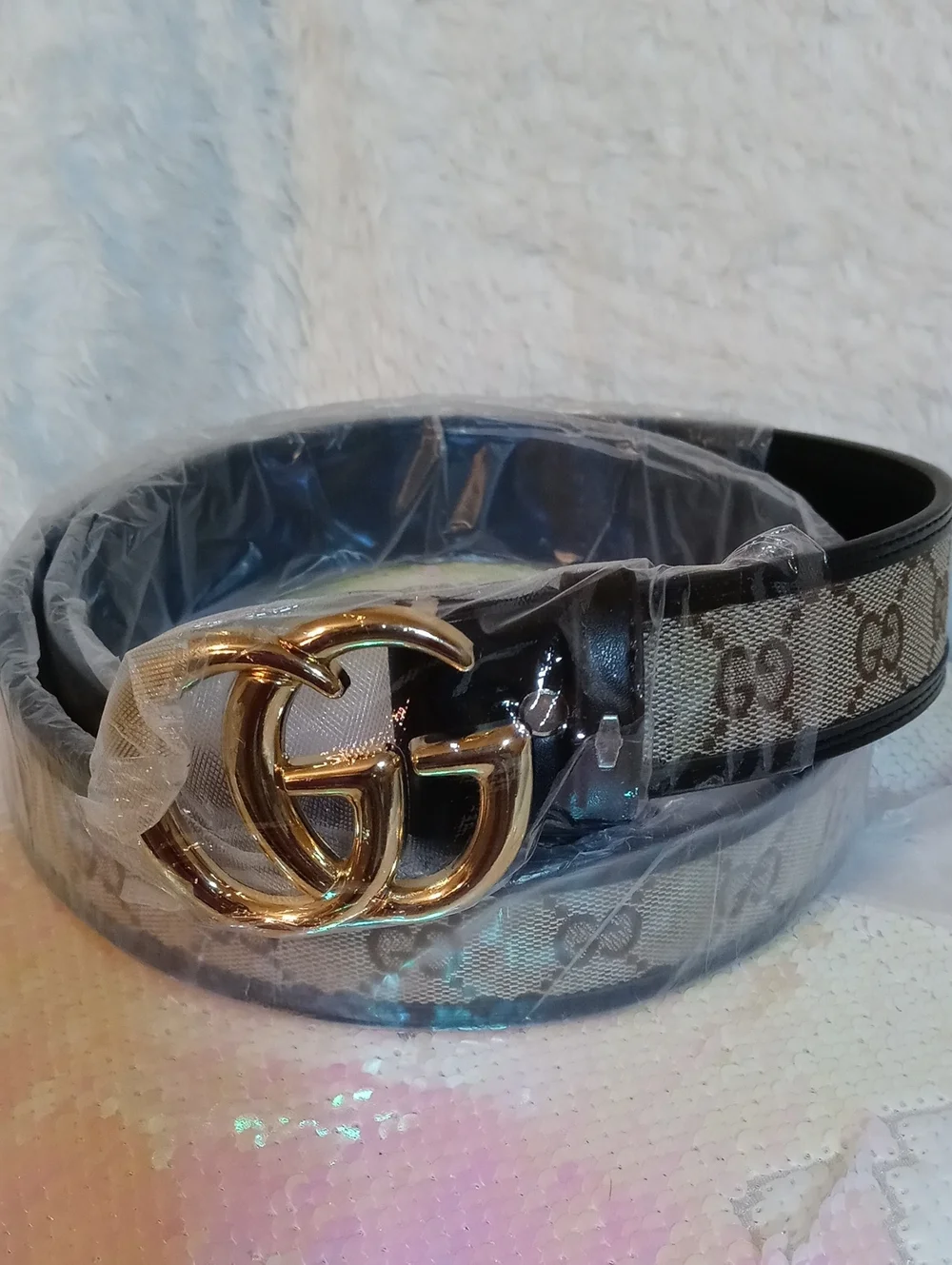 Designer Inspired Monogram Canvas Belt - Beige/Black